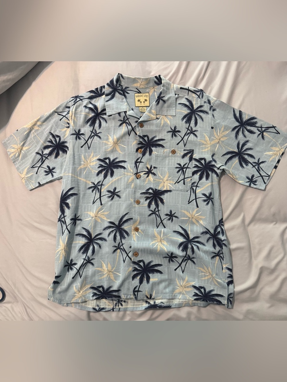 Paradise Coves 100% Silk Hawaiian Aloha Shirt Men’s M Blue Palm Tree